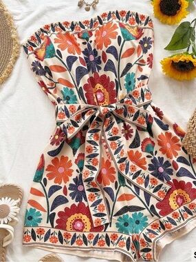 Boho Floral Strapless Tie-Waist Romper